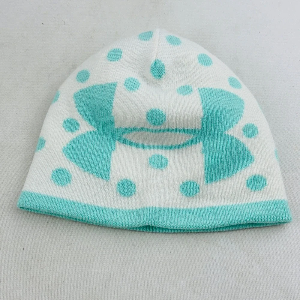 Under Armour Youth Girls Polka‎ Dot Beanie M Stretch Knit Hat White Aqua